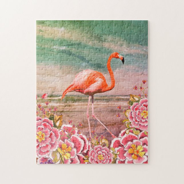 Tropiskt Flamingo på båge med Rosa Flowers Collage Pussel (Vertikal)