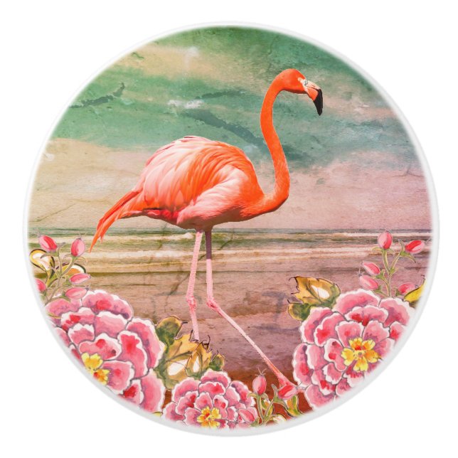 Tropiskt flamingo på båge med Rosa Flowers Teal Knopp (Framsidan)
