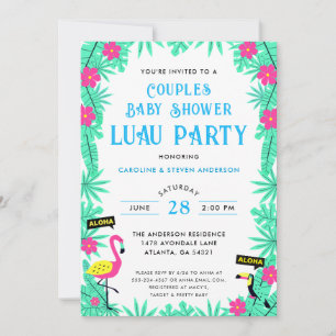 Tropiskt Flamingo Par Baby Shower Luau Blue Inbjudningar