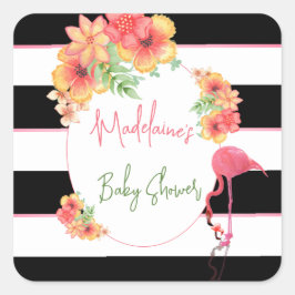 Tropiskt Flamingo Rosa Black Rand Baby Shower Fyrkantigt Klistermärke