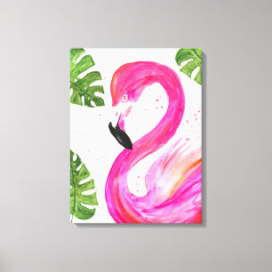 Tropiskt Flamingo Rosa Handflatan Löv Grönt Art Bi Canvastryck