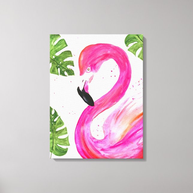 Tropiskt Flamingo Rosa Handflatan Löv Grönt Art Bi Canvastryck (Framsida)