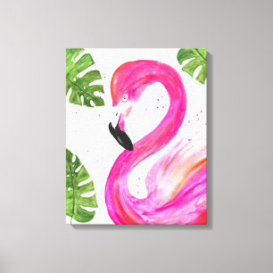 Tropiskt Flamingo Rosa Handflatan Löv Grönt Art Bi Canvastryck