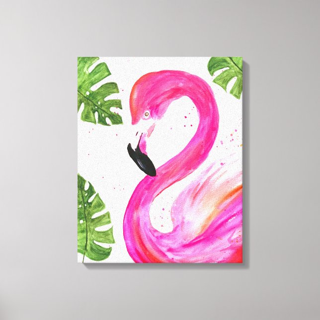 Tropiskt Flamingo Rosa Handflatan Löv Grönt Art Bi Canvastryck (Framsida)