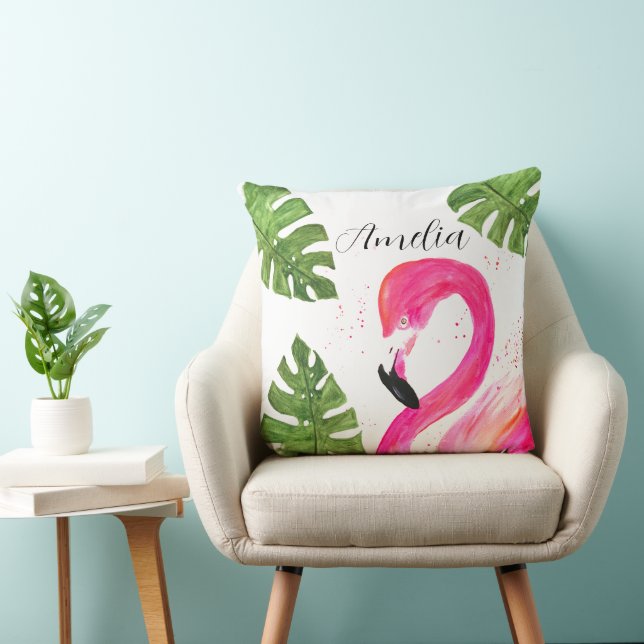 Tropiskt Flamingo Rosa Handflatan Löv Grönt Art Bi Kudde (Stol)