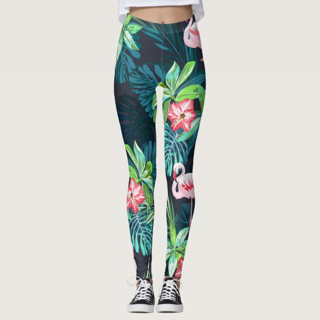 Tropiskt flamingo: sommarblommor Mönster Leggings (Framsida)
