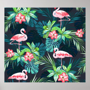 Tropiskt flamingo: sommarblommor Mönster Poster