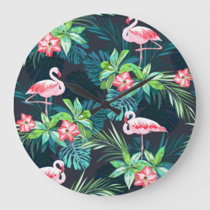 Tropiskt flamingo: sommarblommor Mönster Stor Klocka