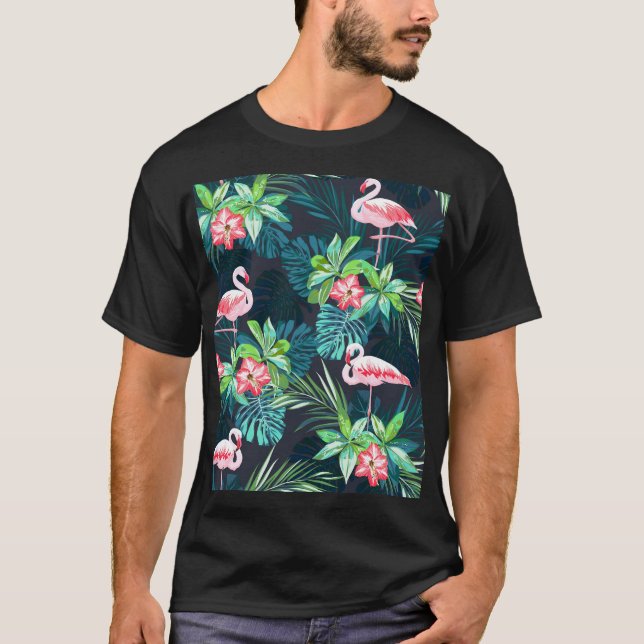 Tropiskt flamingo: sommarblommor Mönster T Shirt (Framsida)