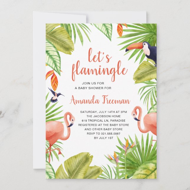 Tropiskt Flamingo Watercolor Girl Baby Shower Inbjudningar (Framsida)