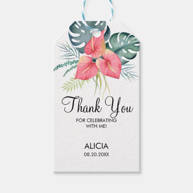 Tropiskt Flora Rosa Anthurium & Monstera Tack Presentetikett (Framsidan)