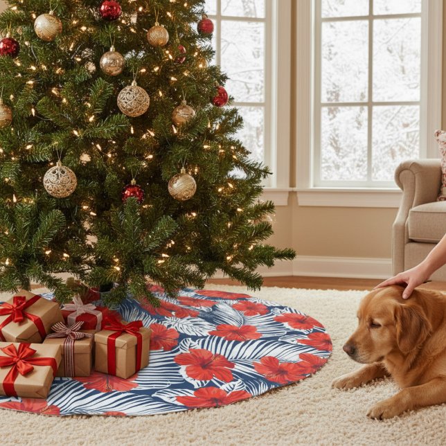 Tropiskt flytande röd Blommigt Hibiscus | Jul Julgransmatta Borstad Polyester (Skapare uppladdad)