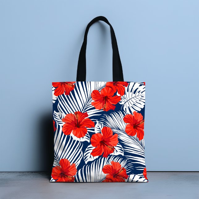 Tropiskt flytande röd Blommigt Hibiscus Tygkasse (Skapare uppladdad)