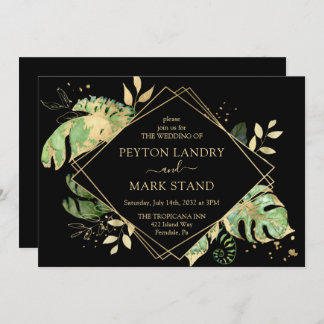 Tropiskt Foliage Black & Guld Geometric Bröllop Inbjudningar