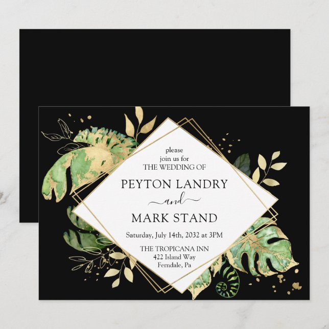 Tropiskt Foliage Black & Guld Geometric Bröllop Inbjudningar (Fram/baksida)