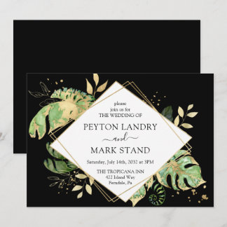 Tropiskt Foliage Black & Guld Geometric Bröllop Inbjudningar