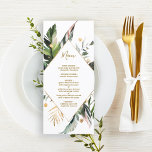 Tropiskt Foliage Bröllop Guld & Grönt Meny<br><div class="desc">Den här bröllop-menyn har vattenfärgen handflatan träd löv,  banans löv,  exotiska tropiska löv och faux guld löv med faux guld romond ram. Det är perfekt för ett tropiskt bröllop,  en strand,  en sommar eller ett destinationsbröllop.</div>