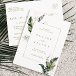 Tropiskt Foliage Guld Bröllop spara datum Meddelande Vykort<br><div class="desc">Inbjudningskortet i bröllop spara datum har en grönt med tropisk bläckfisk,  handflatan träd löv,  banan löv med en guld-rektangel ram. Det är perfekt för en strand- eller destinationsbröllop. >>>> Checka ut hela samlingen >>> https://www.zazzle.com/collections/tropical_foliage_gold_collection-119316977990783186</div>