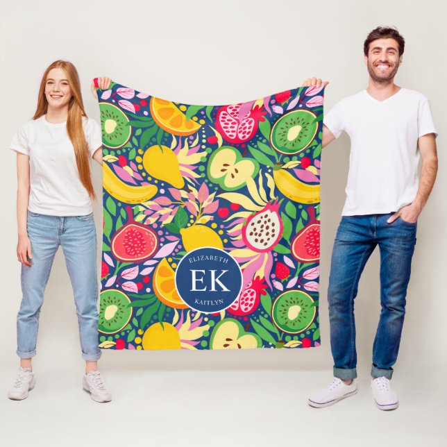 Tropiskt frukts, Monogram, vattenfärg, sommaren Mö Fleecefilt (På plats)