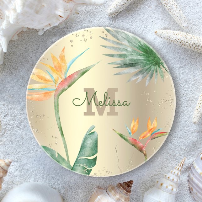 Tropiskt gold Foil Blommigt Foliage Monogram-skrip Underlägg (Skapare uppladdad)