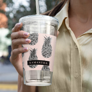 Tropiskt Grått och Rosa ananas Mönster med Namn Take Away Mugg