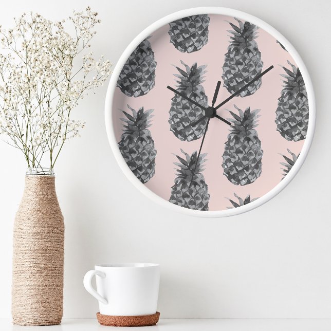 Tropiskt Grått och Rosa Pananas sömlösa Mönster Rund Klocka (Skapare uppladdad)