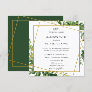 Tropiskt Greenery Leafy Guld Geometric Bröllop Inbjudningar