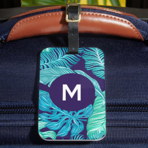 Tropiskt Grönt Blått Bladsmönster Monogram Bagagebricka