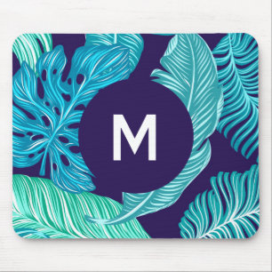 Tropiskt Grönt Blått Bladsmönster Monogram Musmatta
