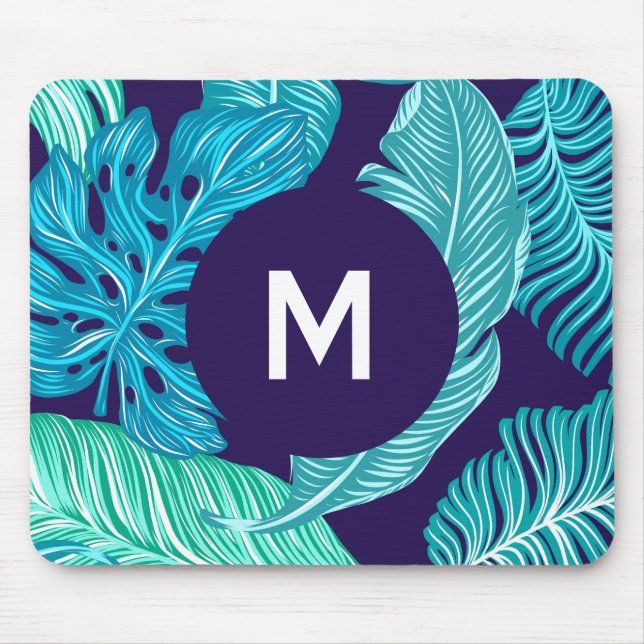 Tropiskt Grönt Blått Bladsmönster Monogram Musmatta (Framsidan)