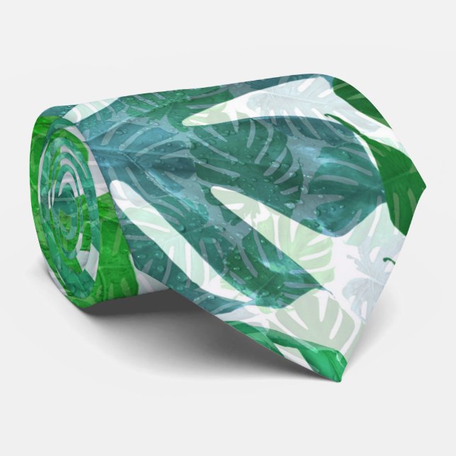 Tropiskt grönt blått Monstera palmbladsmönster Slips (Rullad)