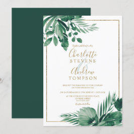 Tropiskt grönt handflatan blommigt, vattenfärg brö inbjudningar