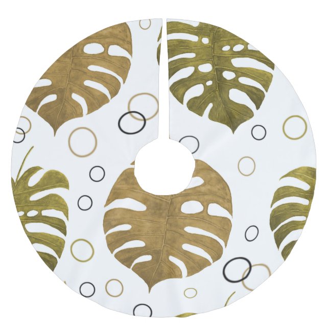 Tropiskt Guld: Monstera Löv Watercolor Julgransmatta Borstad Polyester (Framsidan)