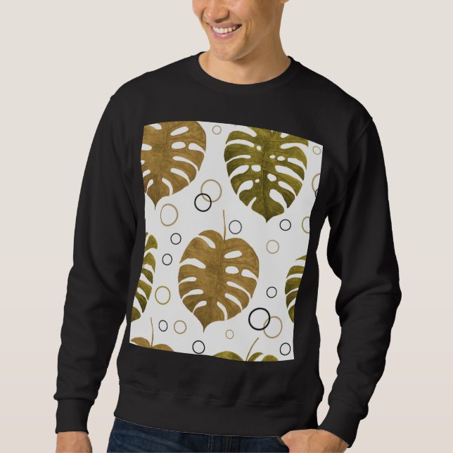 Tropiskt Guld: Monstera Löv Watercolor Lång Ärmad Tröja (Framsida)