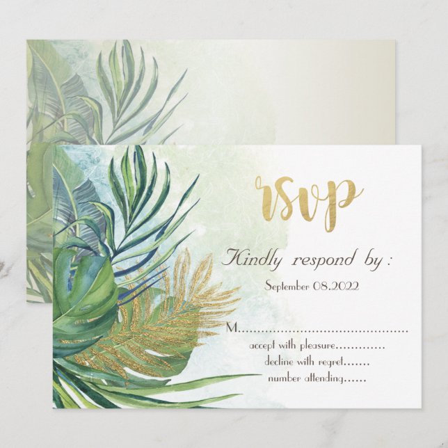 Tropiskt Guld Palmblad Sommar  RSVP   Inbjudningar (Fram/baksida)