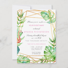 Tropiskt Guld Poligonal Ram Flamingo Rand Mint Inbjudningar