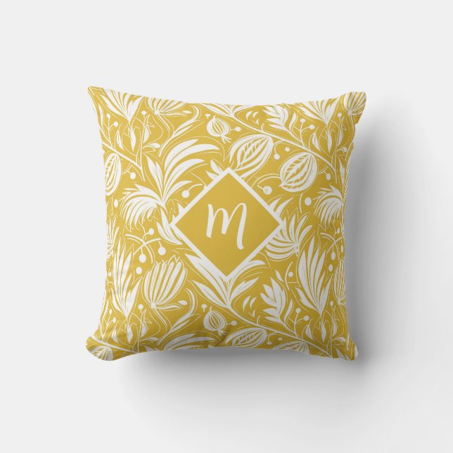Tropiskt gult blommönster diamantmonogram  kudde (Framsida)