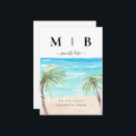 Tropiskt Handflatan & Beach par Initialer Bröllop Spara Datumet<br><div class="desc">Enkelt Tropical Handflatan Träd. Black Initialer. Spara datumet. Bröllop. Utslag. Meddelande. Lodrät. Beach.</div>