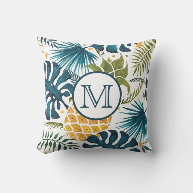 Tropiskt handflatan löv golden pineapple monogram kudde (Framsida)