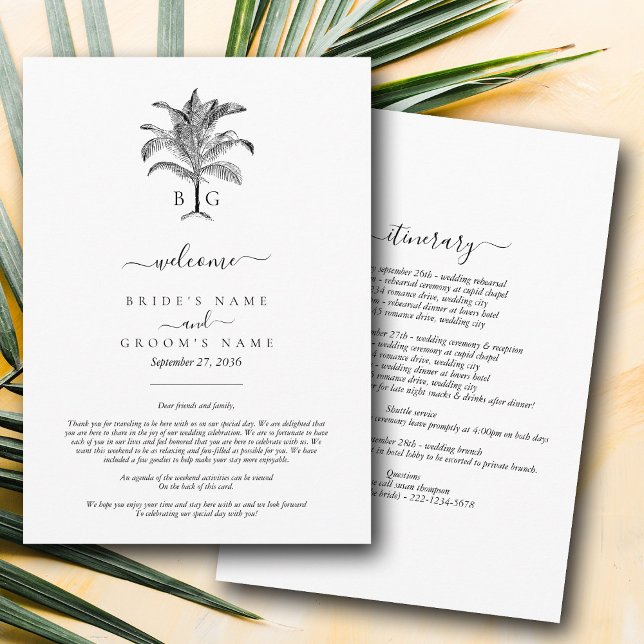 Tropiskt Handflatan Monogram Bröllop-myntmynning i Program (Tropical Palm Tree Monogram Wedding Itinerary Program)