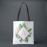 Tropiskt Handflatan Monogram  Rosa Bröllop Tygkasse<br><div class="desc">Destination Location - Tropical Handflatan Beach Botanical Rosa and Grönt Watercolor Vår bröllop Monogram Tote bags on canvas bakgrund - omfattar vacker och elegant manustypografi med moderna botaniska löv och grön för speciella gift för Bröllop, Möhippa (Bride eller Bridesmaid), babykläder, Bachelorette Party, Sweet 16, 16:e. 18:e, 21:e, 30:e, 40:e, 50:e,...</div>