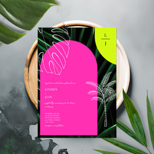 Tropiskt Handflatan Neon Arches Monogram Bröllop Inbjudningar