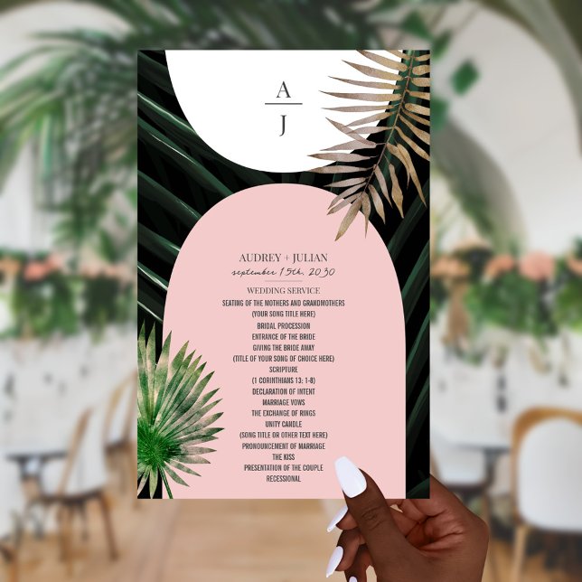 Tropiskt Handflatan  Rosa Arch Monogram Bröllop (Skapare uppladdad)