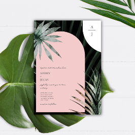 Tropiskt Handflatan  Rosa Arch Monogram Bröllop Inbjudningar