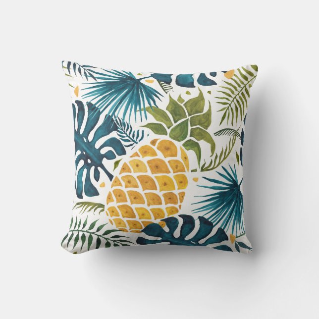 Tropiskt handflatan träd lämnar ananas grönt vit kudde (Framsida)