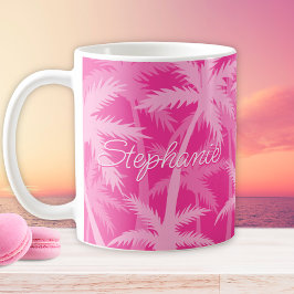 Tropiskt Handflatan Träd Monogrammed Shock rosa Kaffemugg