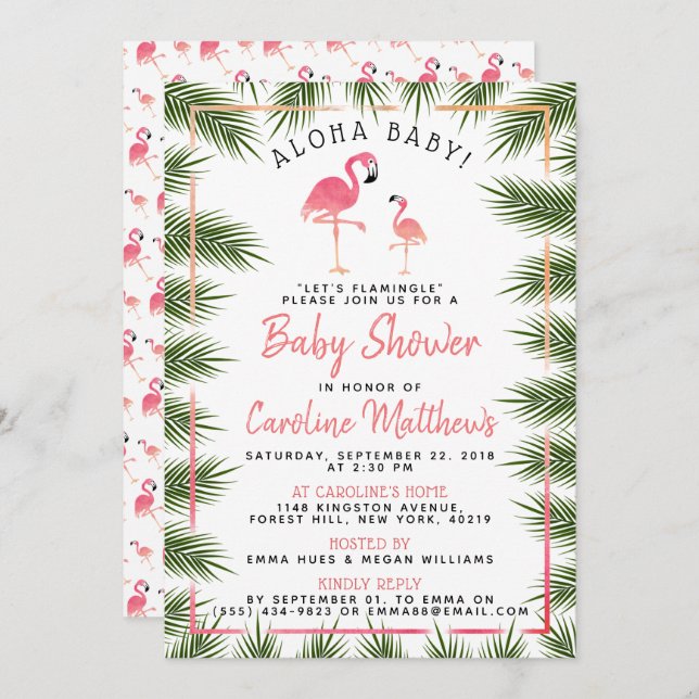 Tropiskt Handflatan vattenfärgsflamingo Babyskare Inbjudningar (Fram/baksida)