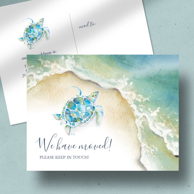 Tropiskt havssköldpadds kustnära förflyttningsmedd vykort (Change of address moving announcement watercolor sea turtle beach seashore art Victoria Grigaliunas)