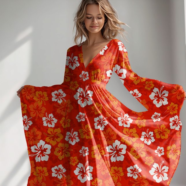 Tropiskt hawaiiskt Hibiscus-blommönster Tyg (Tropical summer bright orange hibiscus pattern)