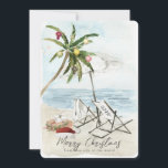 Tropiskt Helgdag-kort för Handflatan Träd & Beach- Inbjudningar<br><div class="desc">Julkortet "God jul från denna sida av världen" har ett handflatan träd med prydnadsföremål och ljus,  ett par strandstolar under paraplyet på en sandstrand i vattenfärg. Den omvända sidan har handflatan träd och hav i vattenfärg. Anpassa den efter dina behov. Du hittar matchande produkter i min butik.</div>